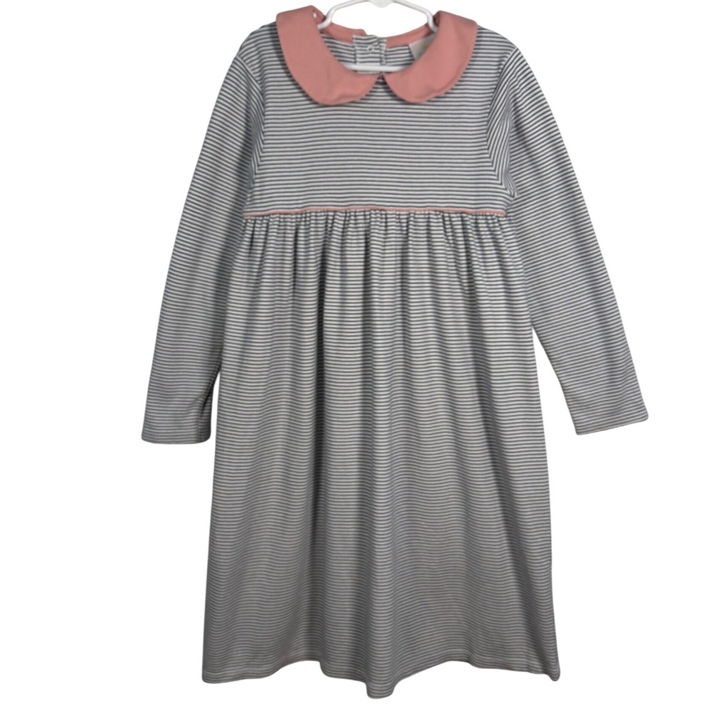 STITCHY FISH Girls Navy/White Striped Pima Cotton Dress Pink Peter Pan Collar 10